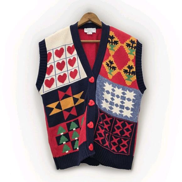 Vintage Sweater Loft Blue Red Teacher Vest Heart Tree Geometric Cotton USA SZ M - Picture 1 of 8